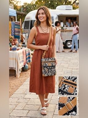 Stone Mountain EUC quilted, cotton Black & White floral print cross body bag.